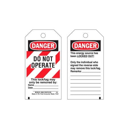 Brady Brady Lockout Tag- Danger Do Not Operate, 2 Sided, Cardstock, 25/Pack 65452